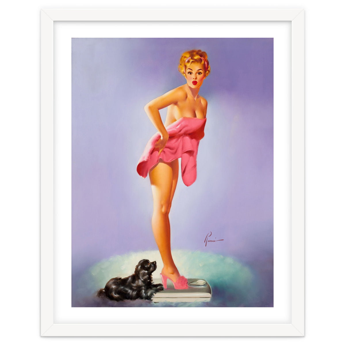 Pinup Girl On A Scale With Her Little Black Dog Behind