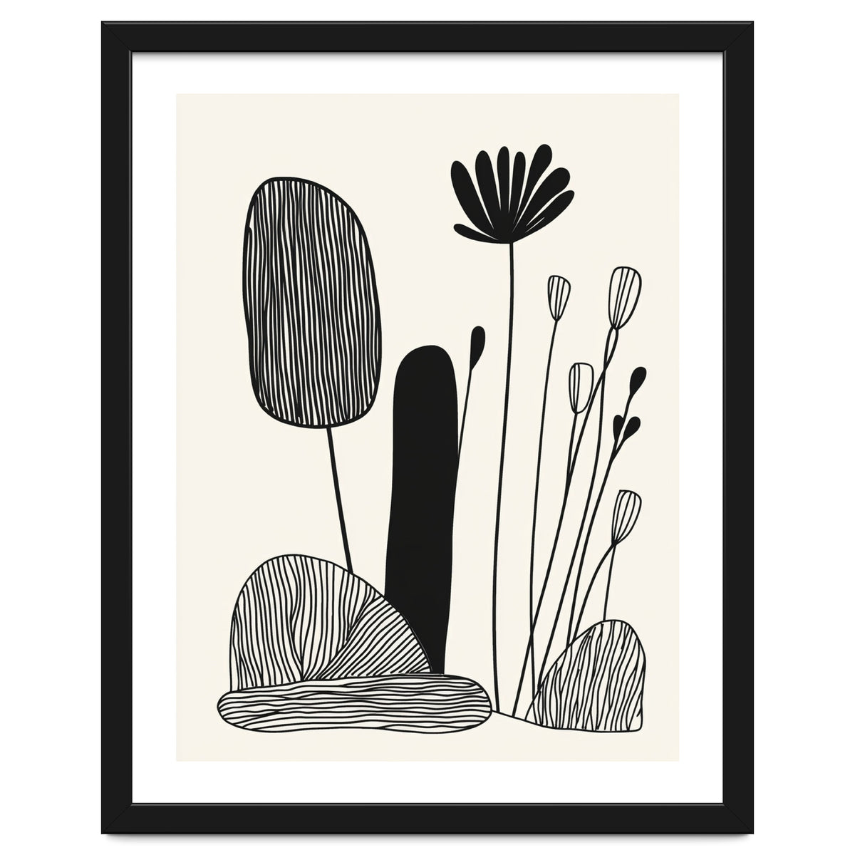 Abstract Black And White Botanical Illustration With Organic Shapes