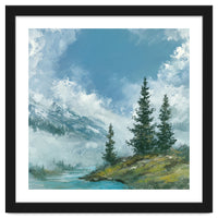 Ethereal Alpine River Valley with Snow-Capped Mountains