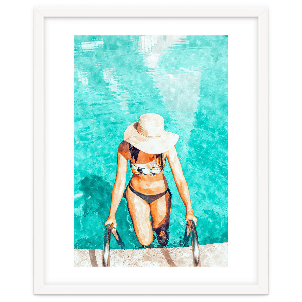 Pool Fashion | Modern Bohemian Woman Swim Watercolor Painting | Contemporary Travel