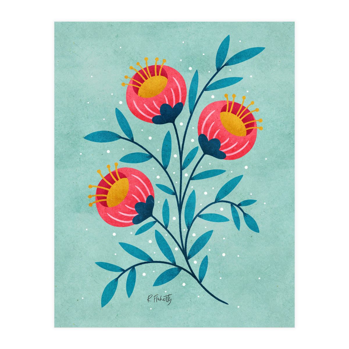 Teal And Coral Flowers (Print Only)