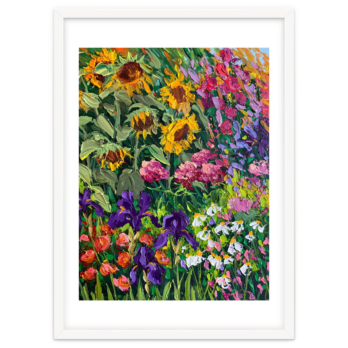 Vibrant Summer Sunflower and Iris Meadow Oil Painting