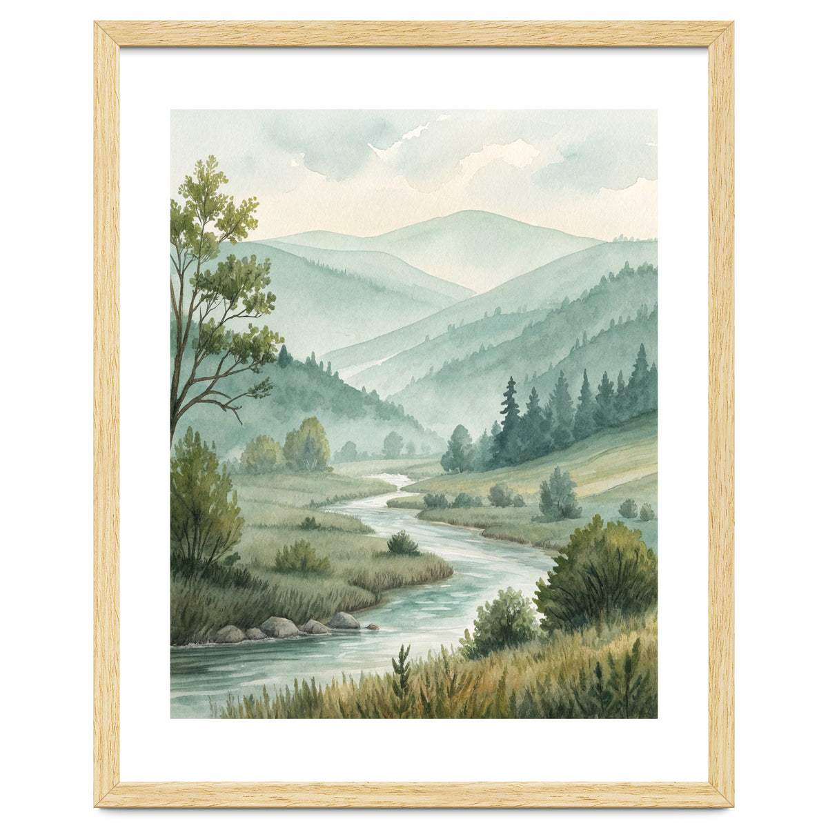 Serene River Valley in Soft Watercolor