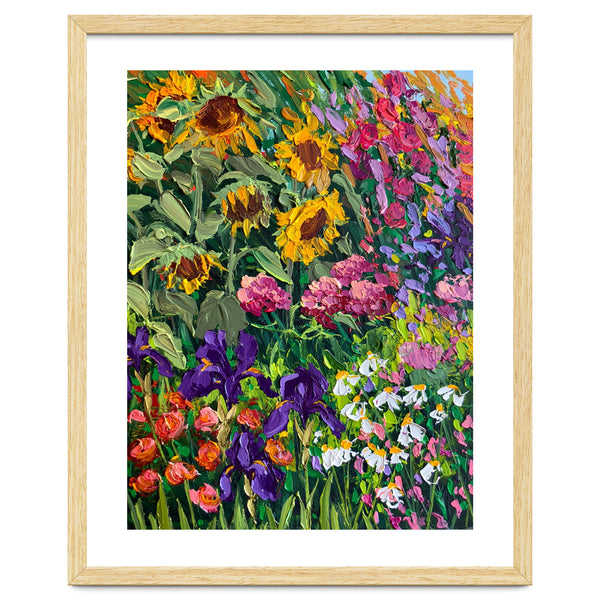 Vibrant Summer Sunflower and Iris Meadow Oil Painting