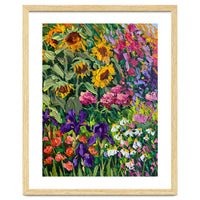 Vibrant Summer Sunflower and Iris Meadow Oil Painting