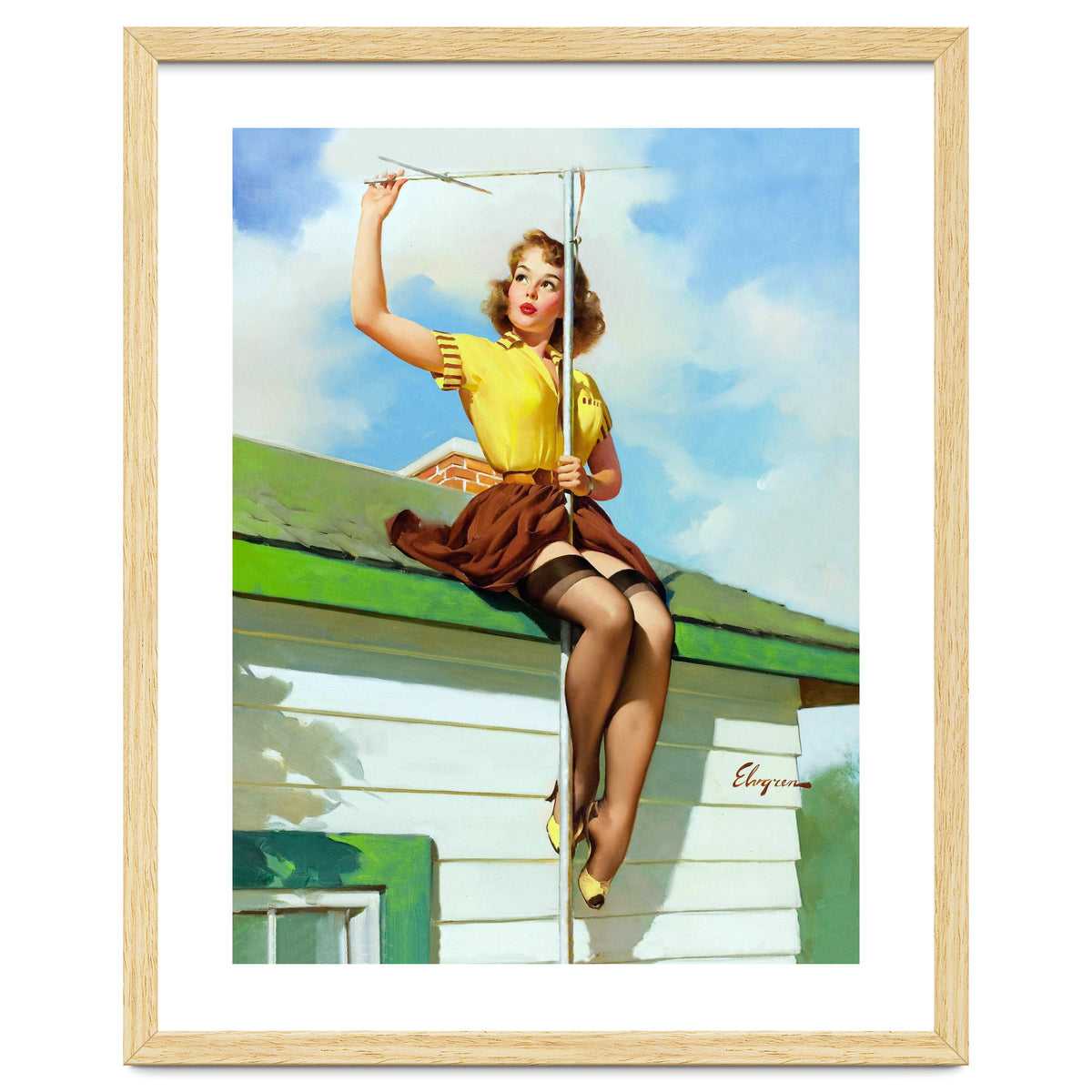 Pinup Sexy Girl Setting Up The Antenna On The Roof