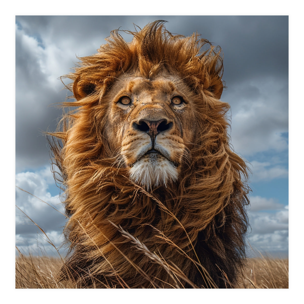 Majestic Lion Portrait Windblown Mane Outdoors (Print Only)