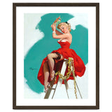 Sexy Pinup Girl In Red Dress Posing On a Ladder thumbnail