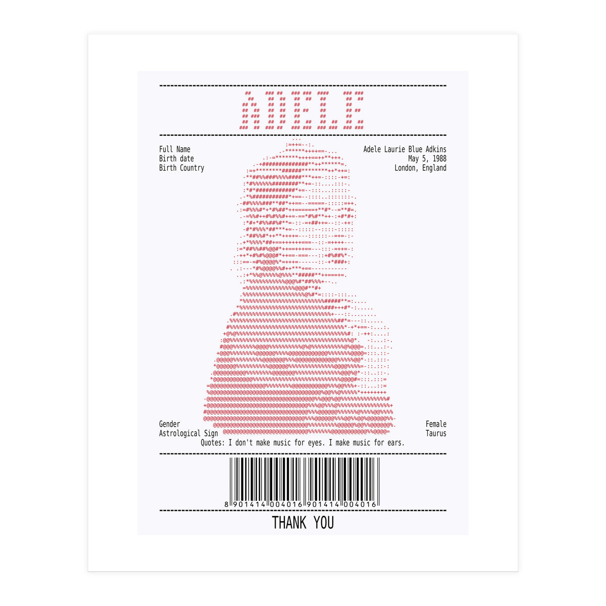 Receipt Art Adele Red (Print Only)