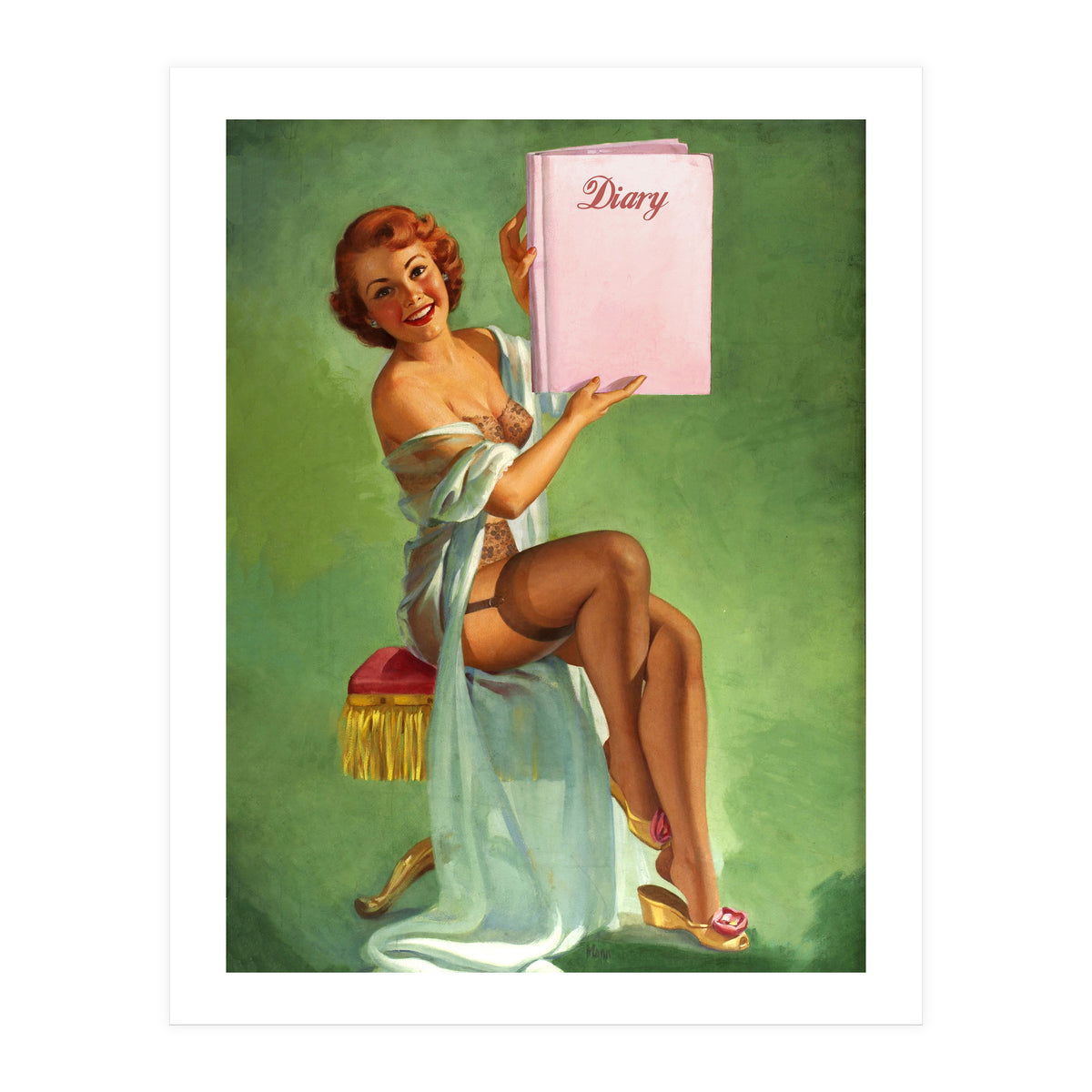 Pinup Girl Posing With Her Big Diary Book (Print Only)