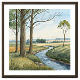 Pastoral Countryside Watercolor Painting with Winding Stream Meadows and Deciduous Trees Landscape thumbnail