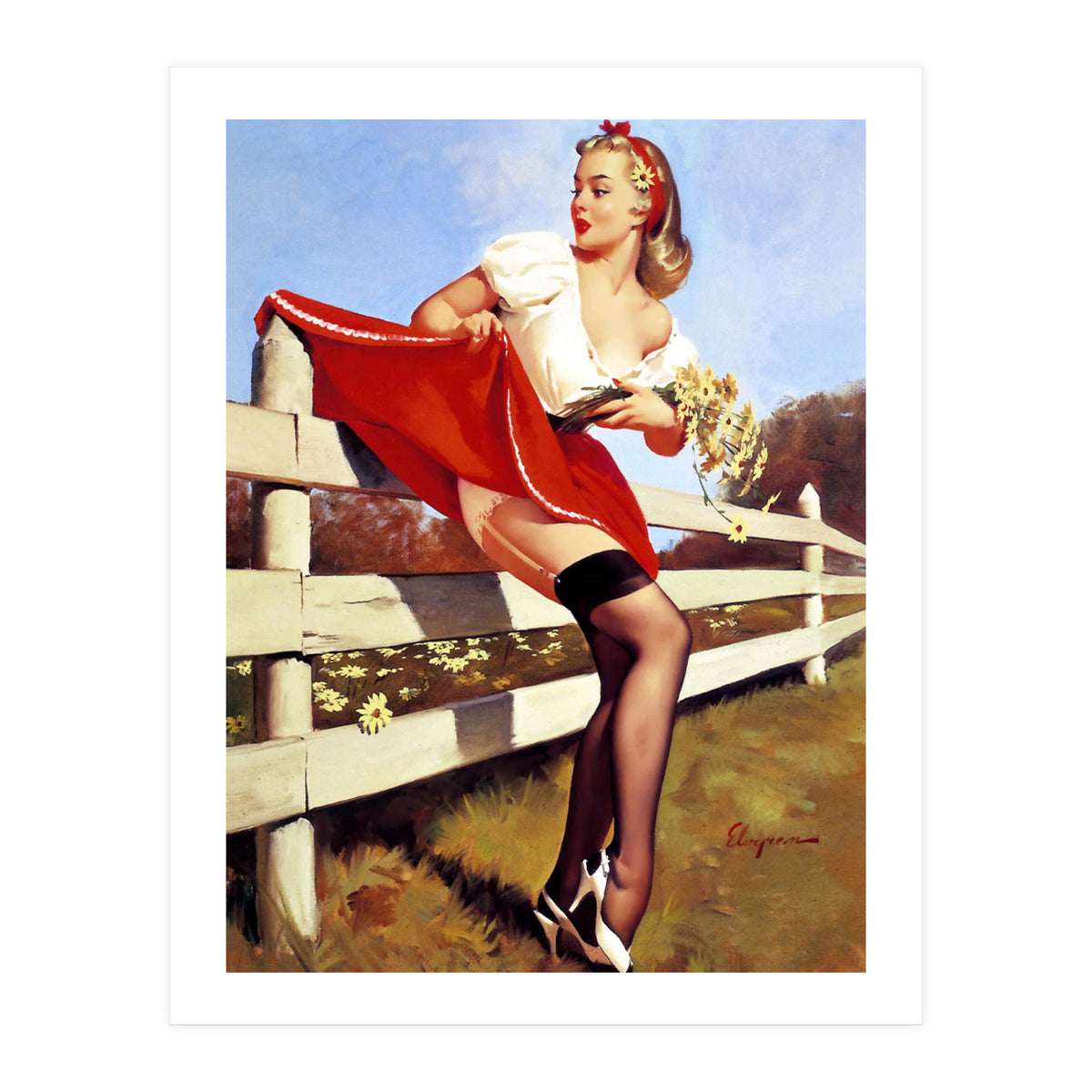 Pinup Girl Stacked On The Farm Fance (Print Only)