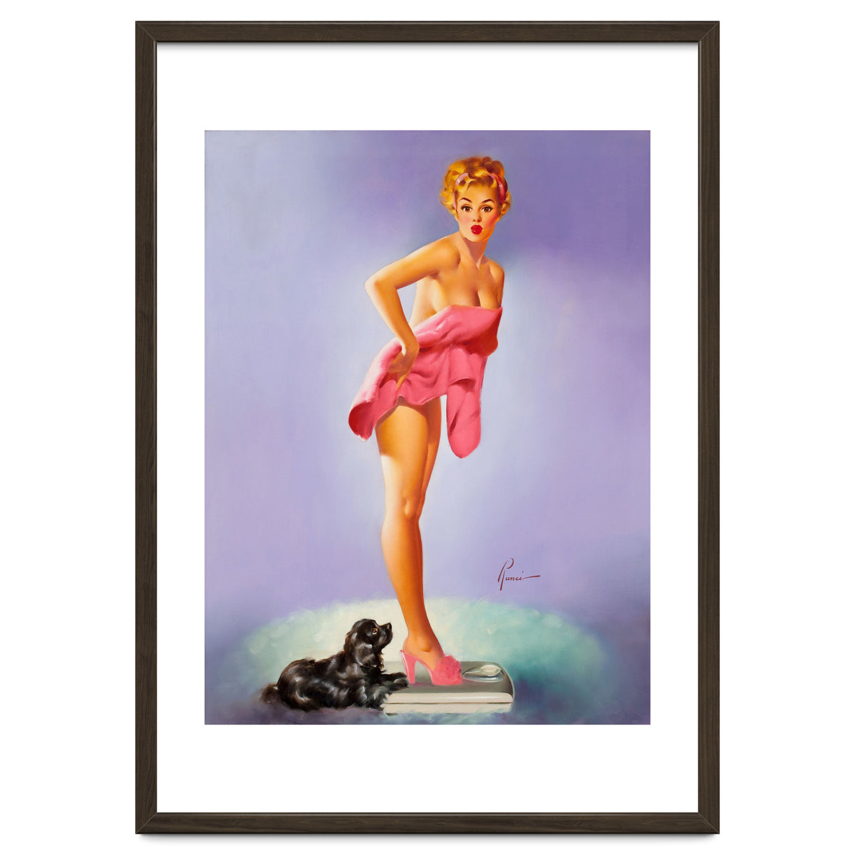 Pinup Girl On A Scale With Her Little Black Dog Behind
