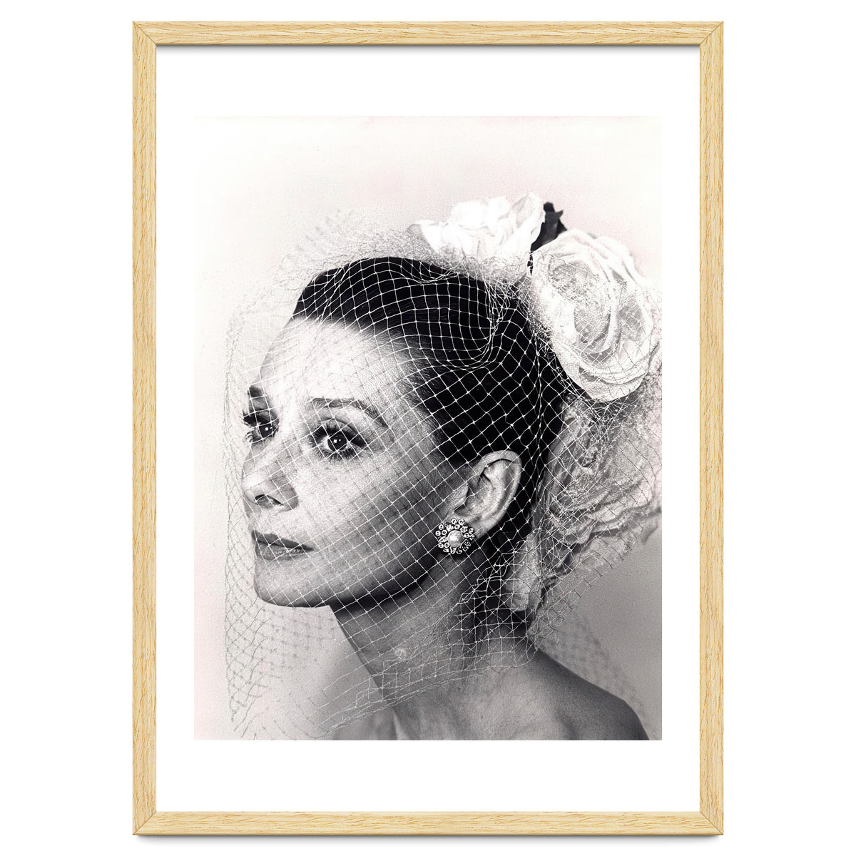 Audrey Hepburn with Veil, Classic Hollywood Glamour Photography, Black and White Icon Portrait
