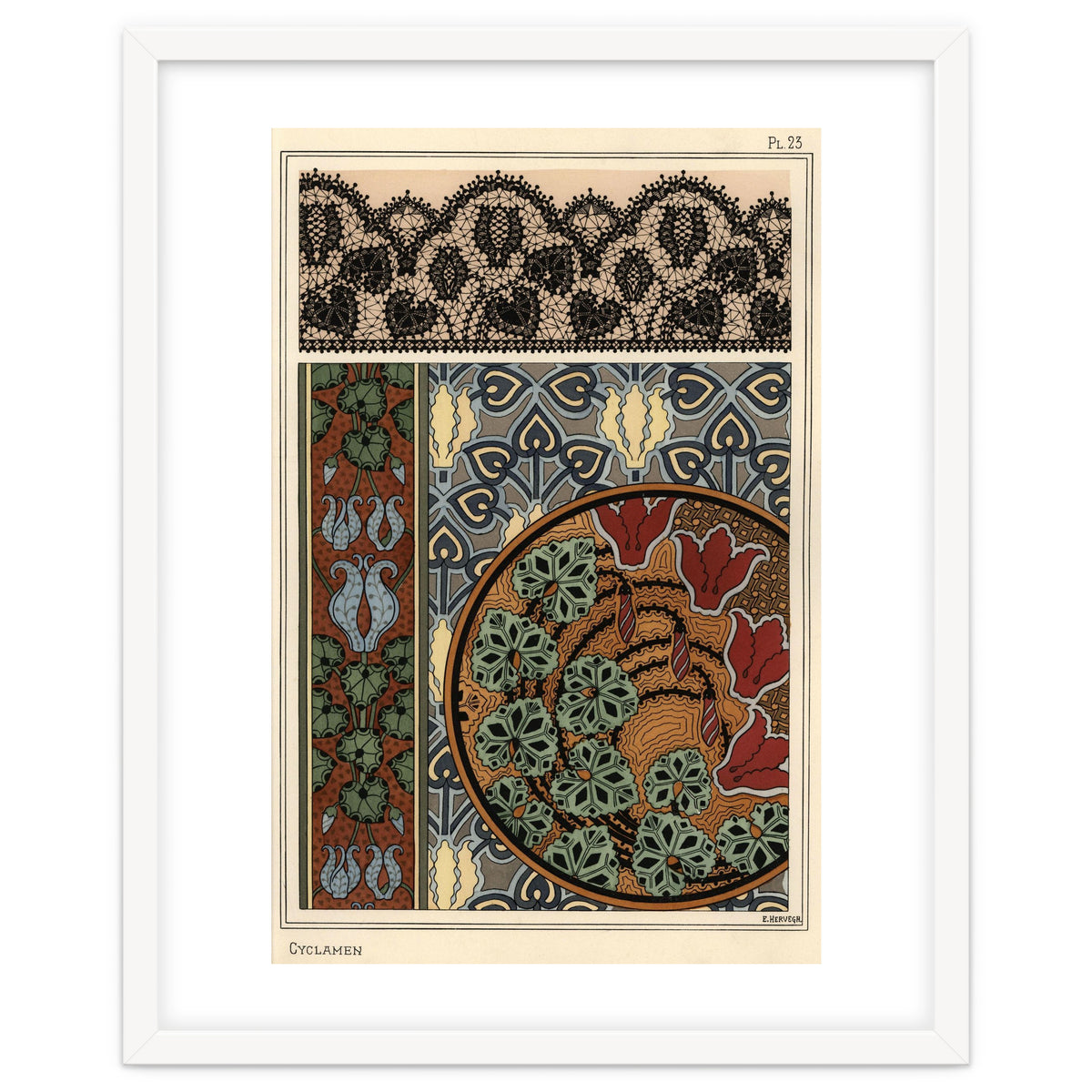 Cyclamen persicum motif in patterns for lace, wallpaper and fabric.