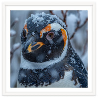 Penguin In Snow Falling Close Up Portrait