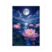 Moonlit Lotus Pond: Serene Nighttime Floral Landscape (Print Only)