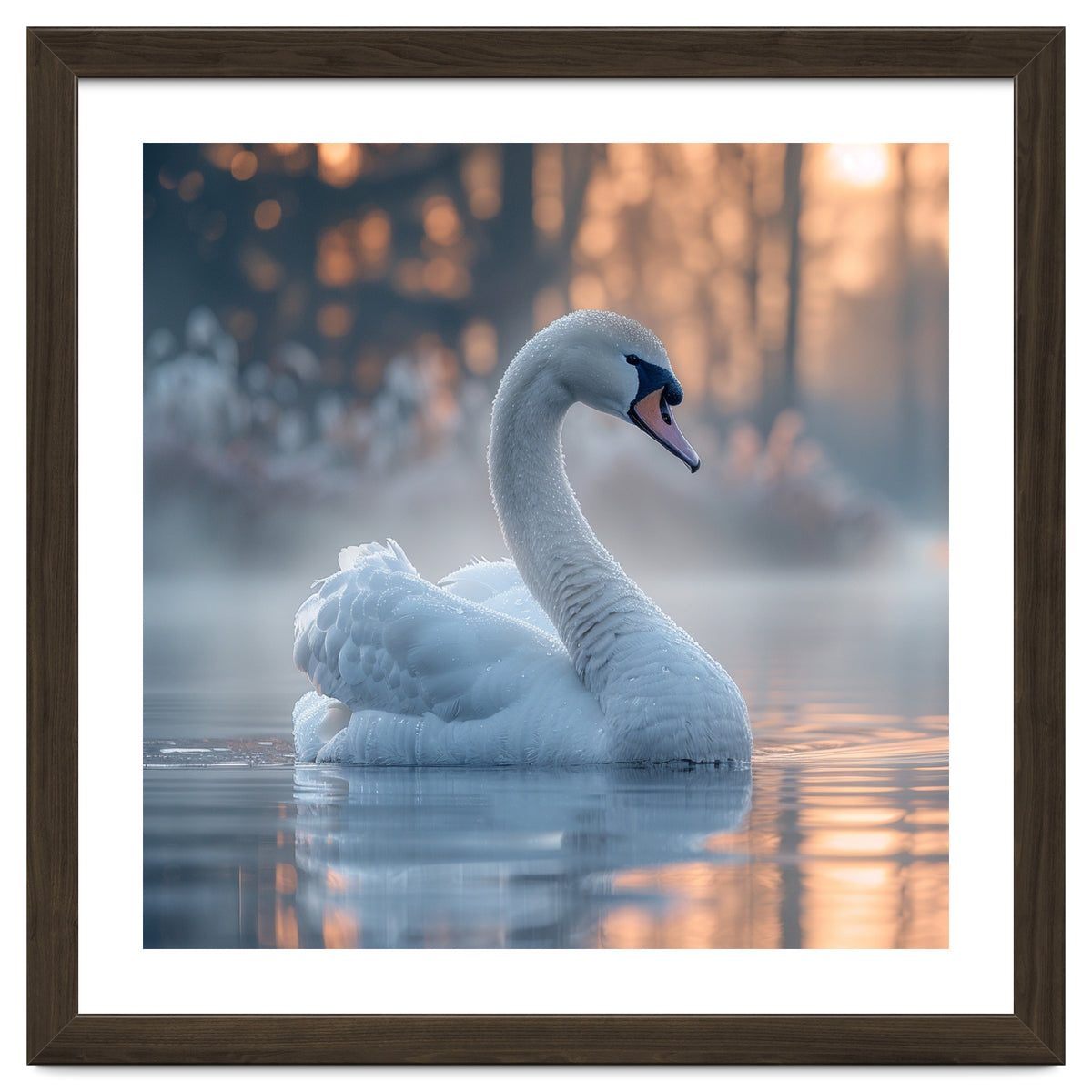 Serene White Swan Gliding On Misty Water