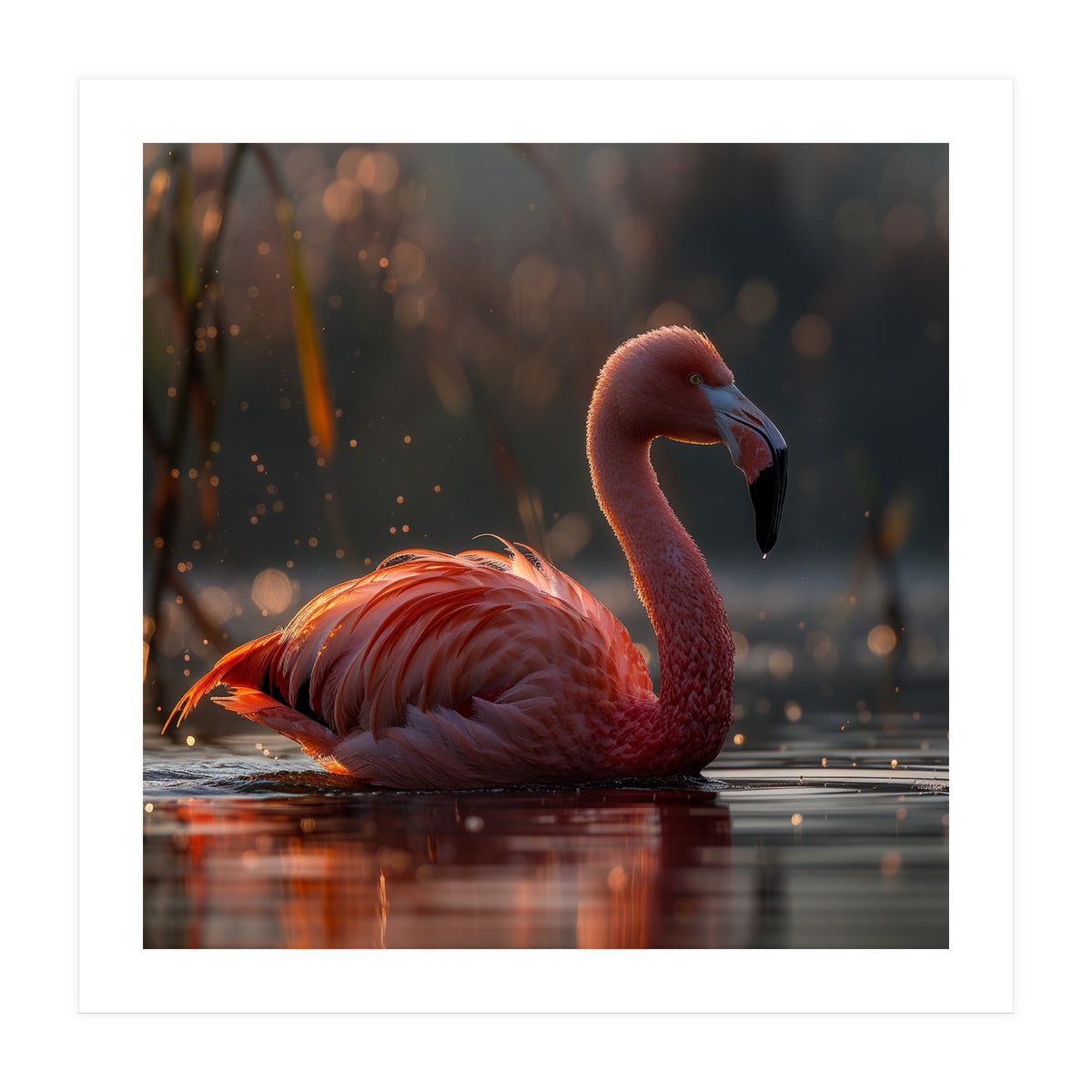 Pink Flamingo Swimming In Sunlight Water (Print Only)