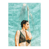 Bathe | Woman Pool Shower | Summer Swim Watercolor Painting | Brunette Bikini Boho Fashion (Print Only) thumbnail