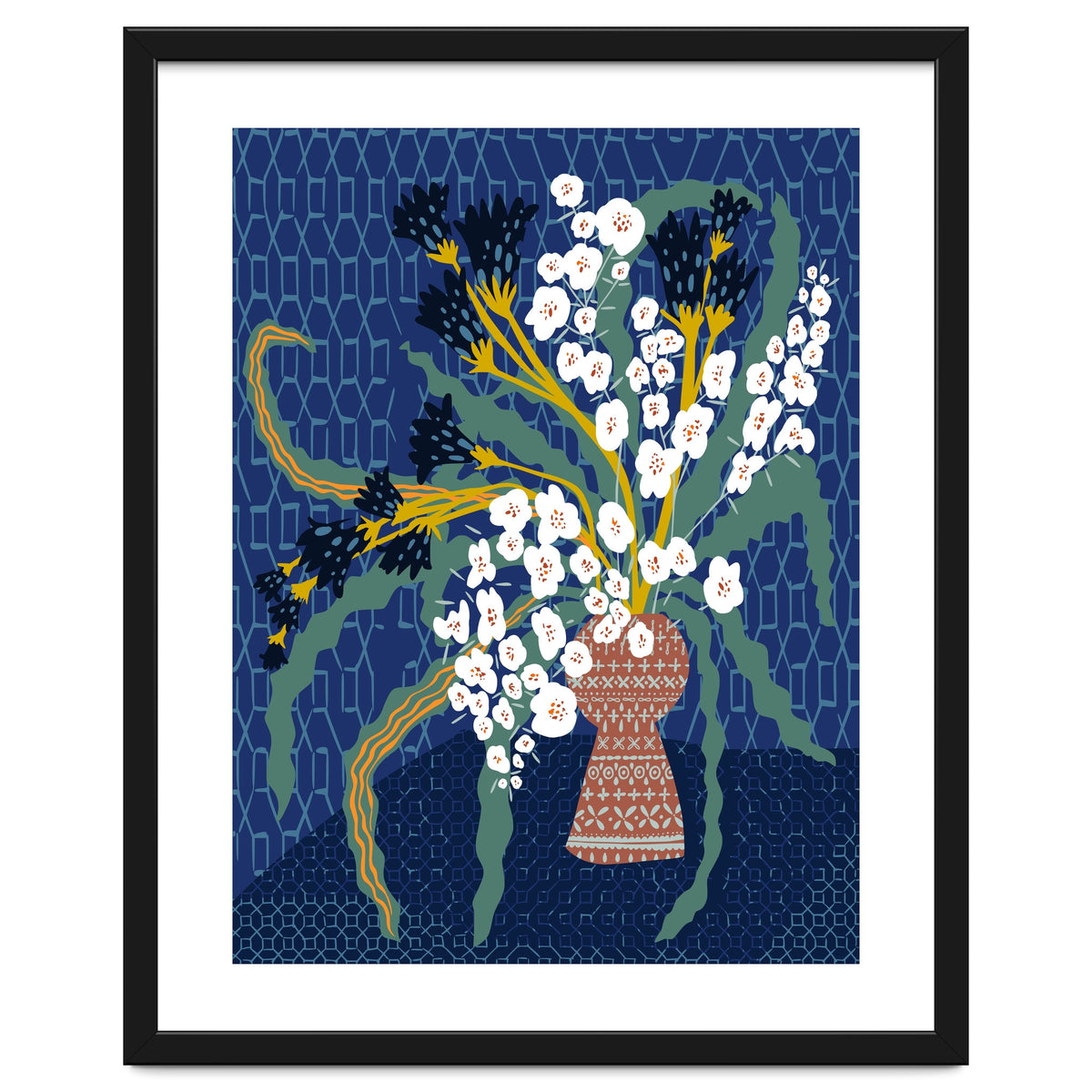 Floral contemporary still life dark blue