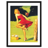 Pinup Girl In Red Dress Crossing The Barbed Wire While Looking At The Bull thumbnail