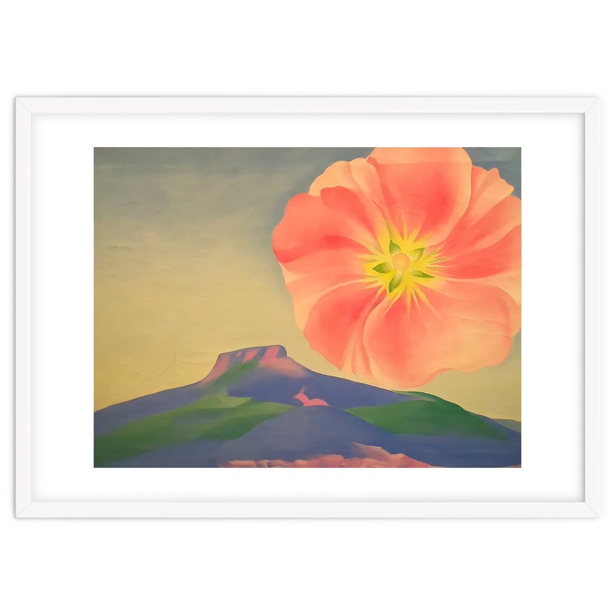 Georgia O’Keeffe – Hollyhock Pink with Pedernal (1937) | Vibrant Modernist Floral Landscape of New Mexico