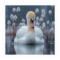 Swan Floating Serene On Calm Water (Print Only)