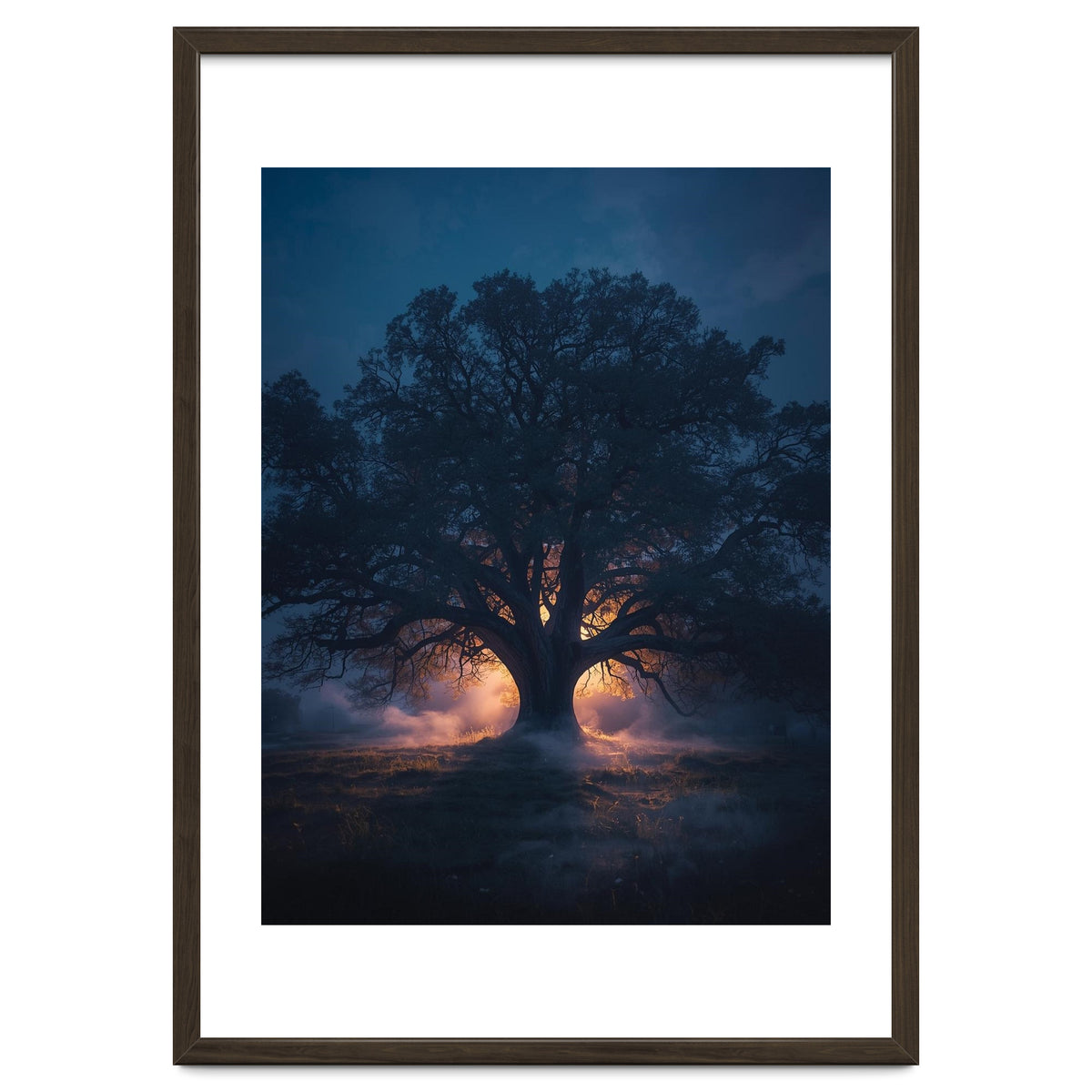 Ancient Mystical Oak Silhouette at Twilight with Ethereal Wisps