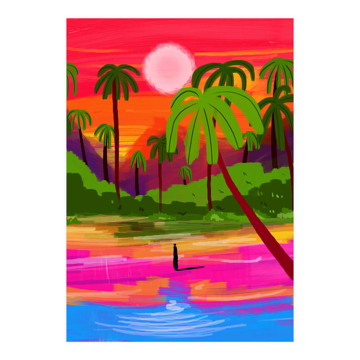 My Shadow & I, Sunset Painting Lake Beach Seashore, Tropical Nature Landscape Colorful Bohemian Traditional, Travel Concept Companion (Print Only)
