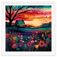 Watercolor Folk Art Sunset Landscape