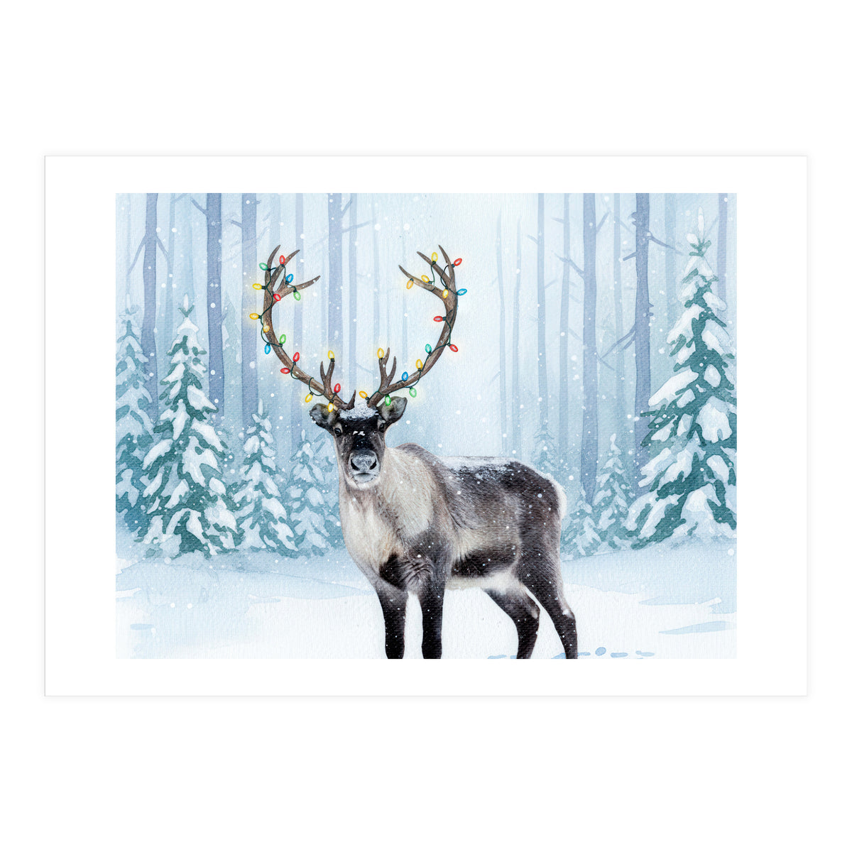 Reindeer with Christmas Lights, Deer Magical Winter Art  (Print Only)