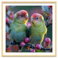 Two Lovebirds On A Branch Surrounded By Berries