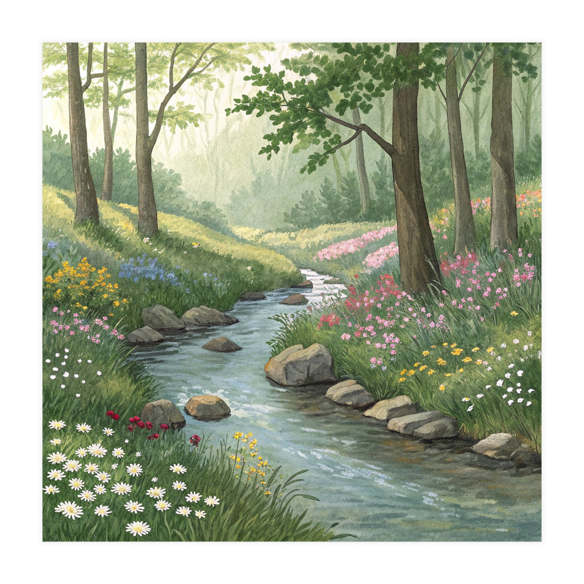 Vibrant Forest Stream Watercolor Painting (Print Only)