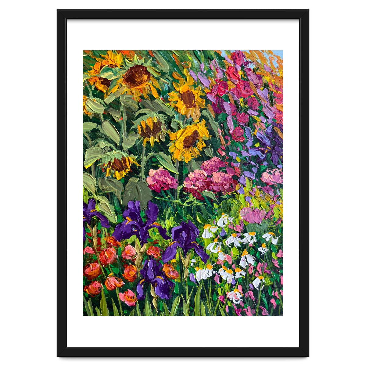 Vibrant Summer Sunflower and Iris Meadow Oil Painting