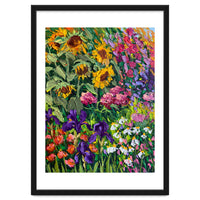 Vibrant Summer Sunflower and Iris Meadow Oil Painting