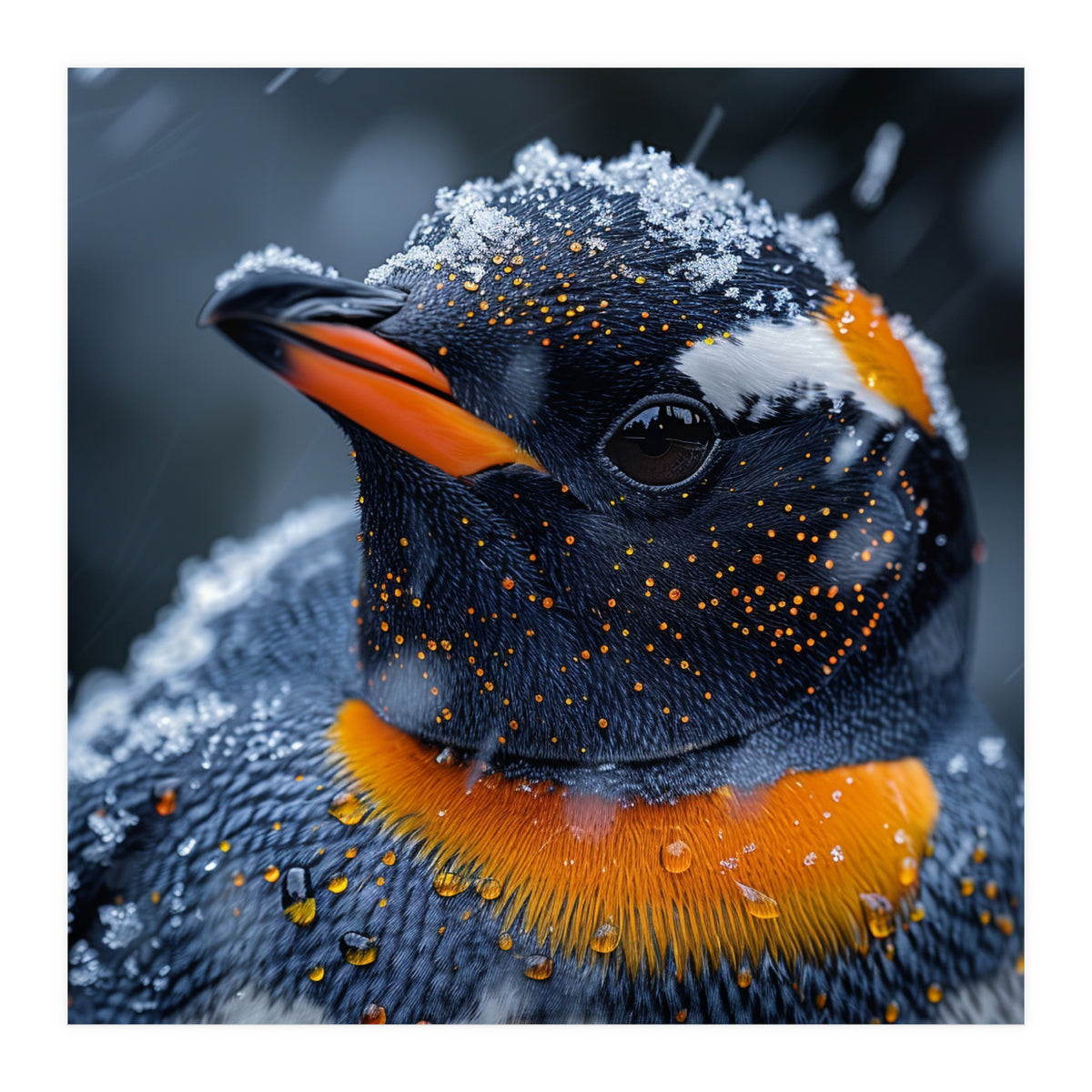 Close Up Penguin In Snow With Water Droplets (Print Only)