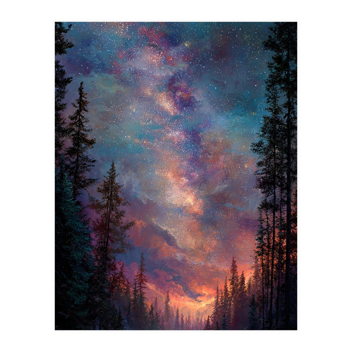 Magical Milky Way Night Sky over Pine Forest Silhouette Art (Print Only)