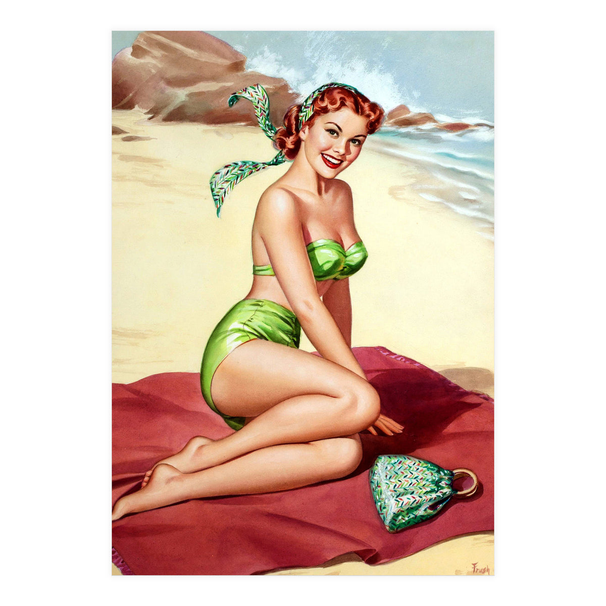Smiling Pinup Sexy Girl On The Beach (Print Only)