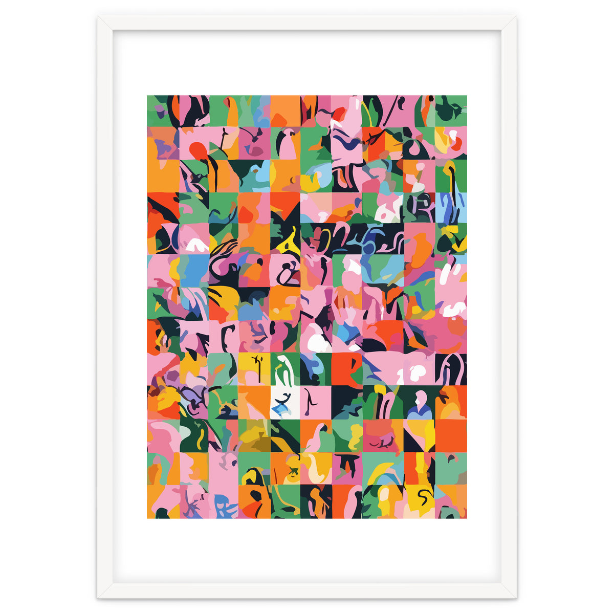 Life On A Checkboard, Abstract Maximalism Eclectic Painting, Bohemian Pop Of Color Illustration
