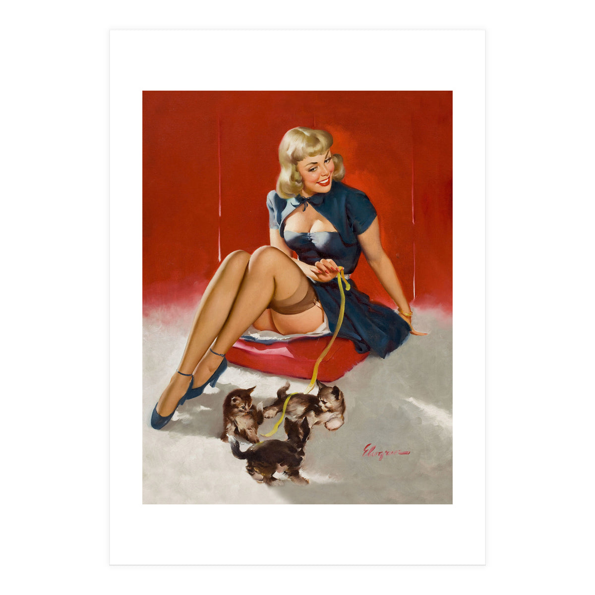 Pinup Sexy Girl Playing With Her Little Cats (Print Only)