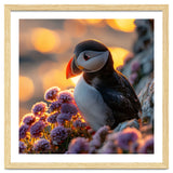 Puffin Bird Amidst Purple Flowers Golden Hour thumbnail