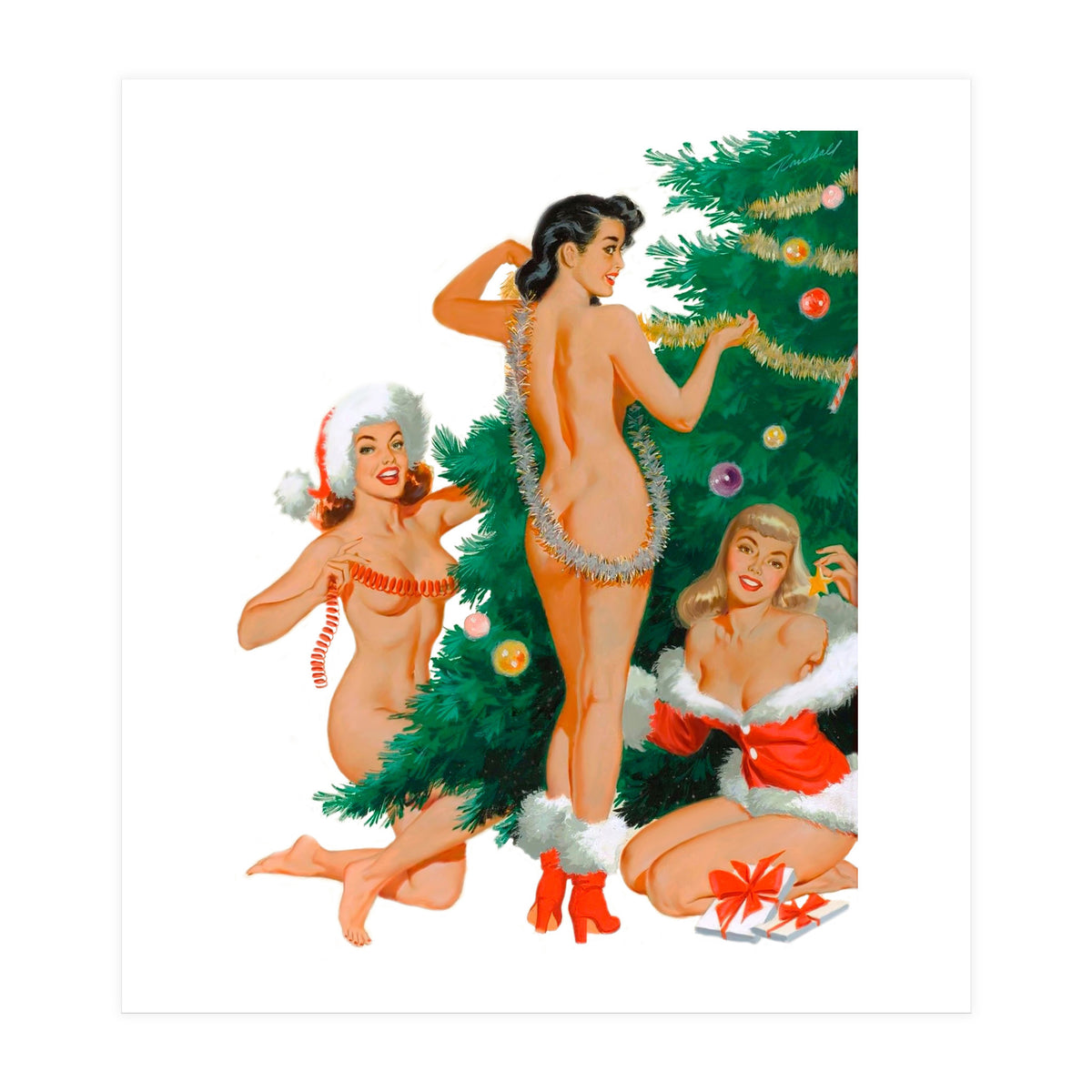 Three Beautiful Women Decorating a Christmas Tree (Print Only)