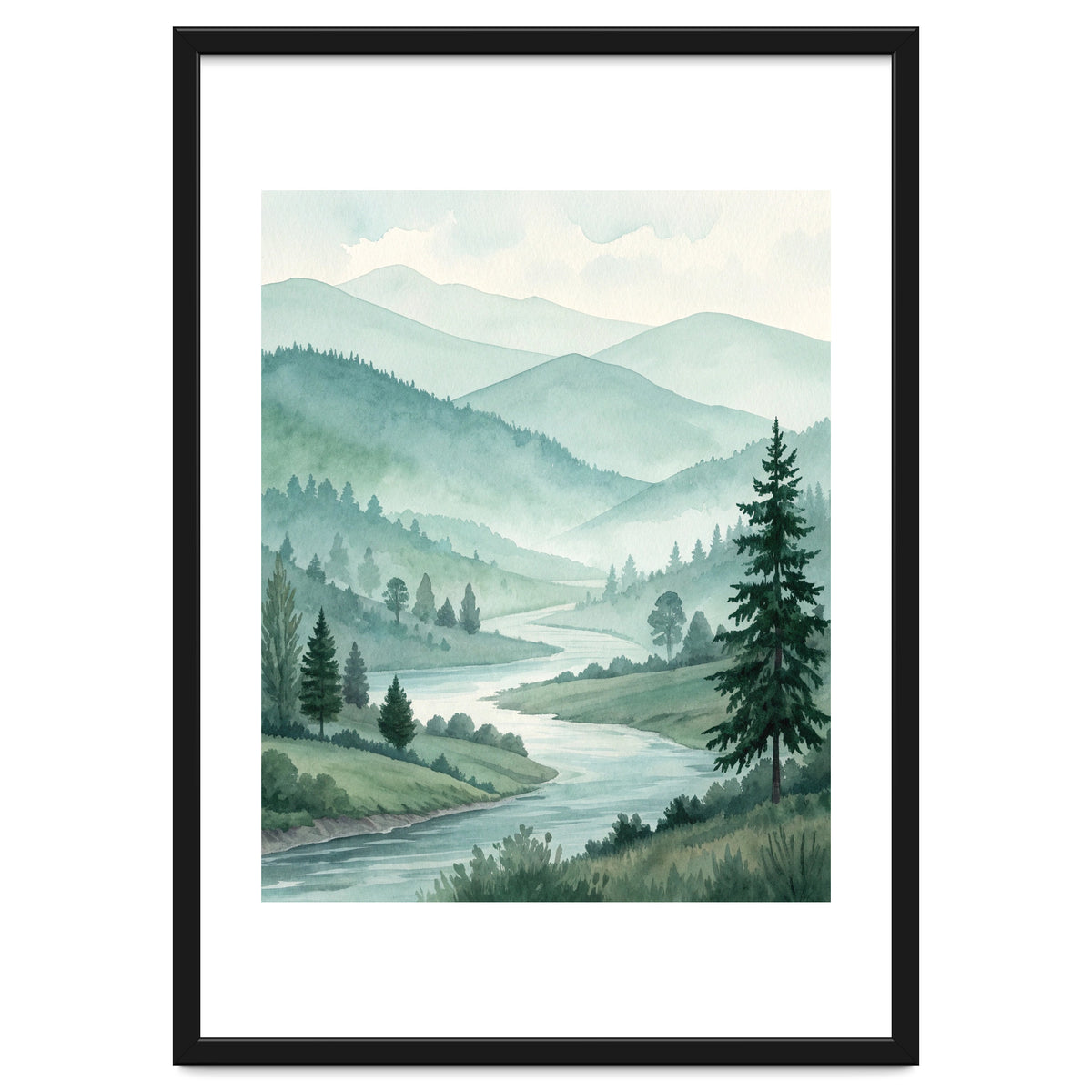 Serene Misty Mountain Valley Watercolor Painting