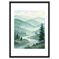 Serene Misty Mountain Valley Watercolor Painting