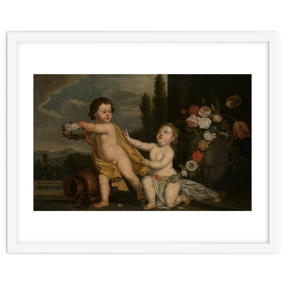 German Master (18th Century) – Two Putti with Garlands of Flowers