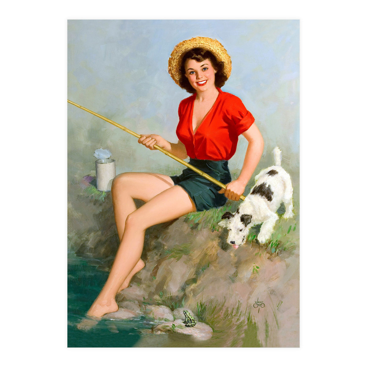 Pinup Girl Fishing With Her Dog (Print Only)