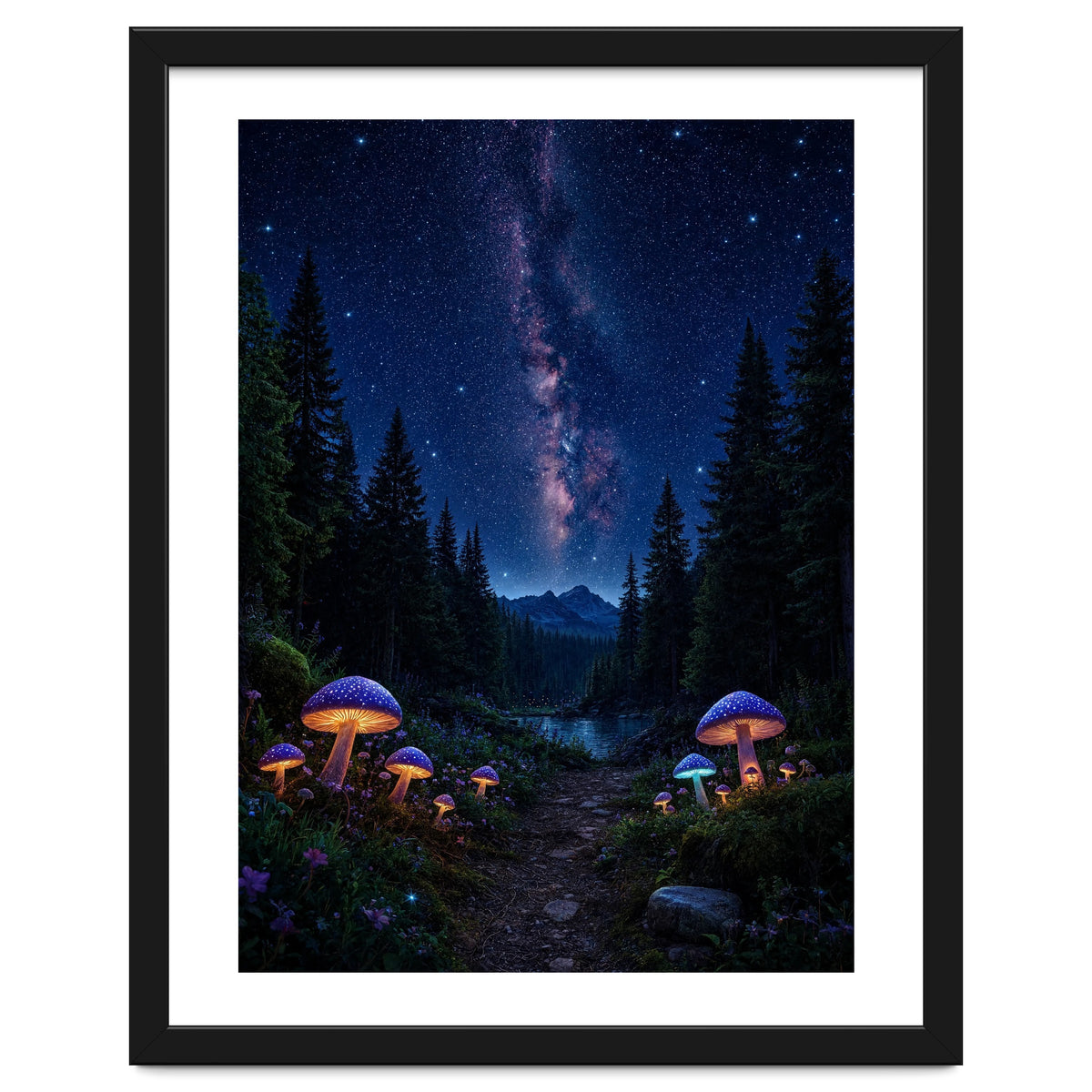 Enchanted Midnight Forest: Glowing Mushrooms and Milky Way