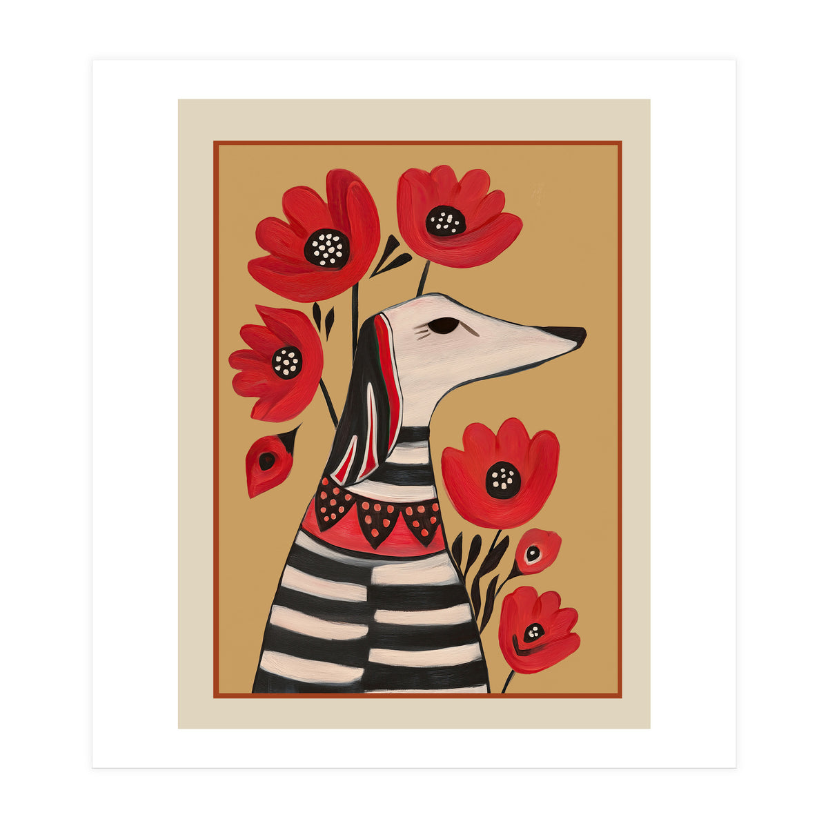 Striped Dog With Poppies (Print Only)