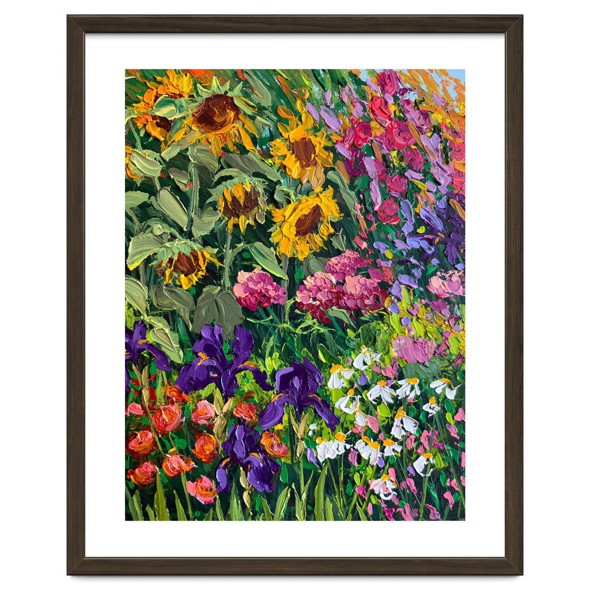 Vibrant Summer Sunflower and Iris Meadow Oil Painting
